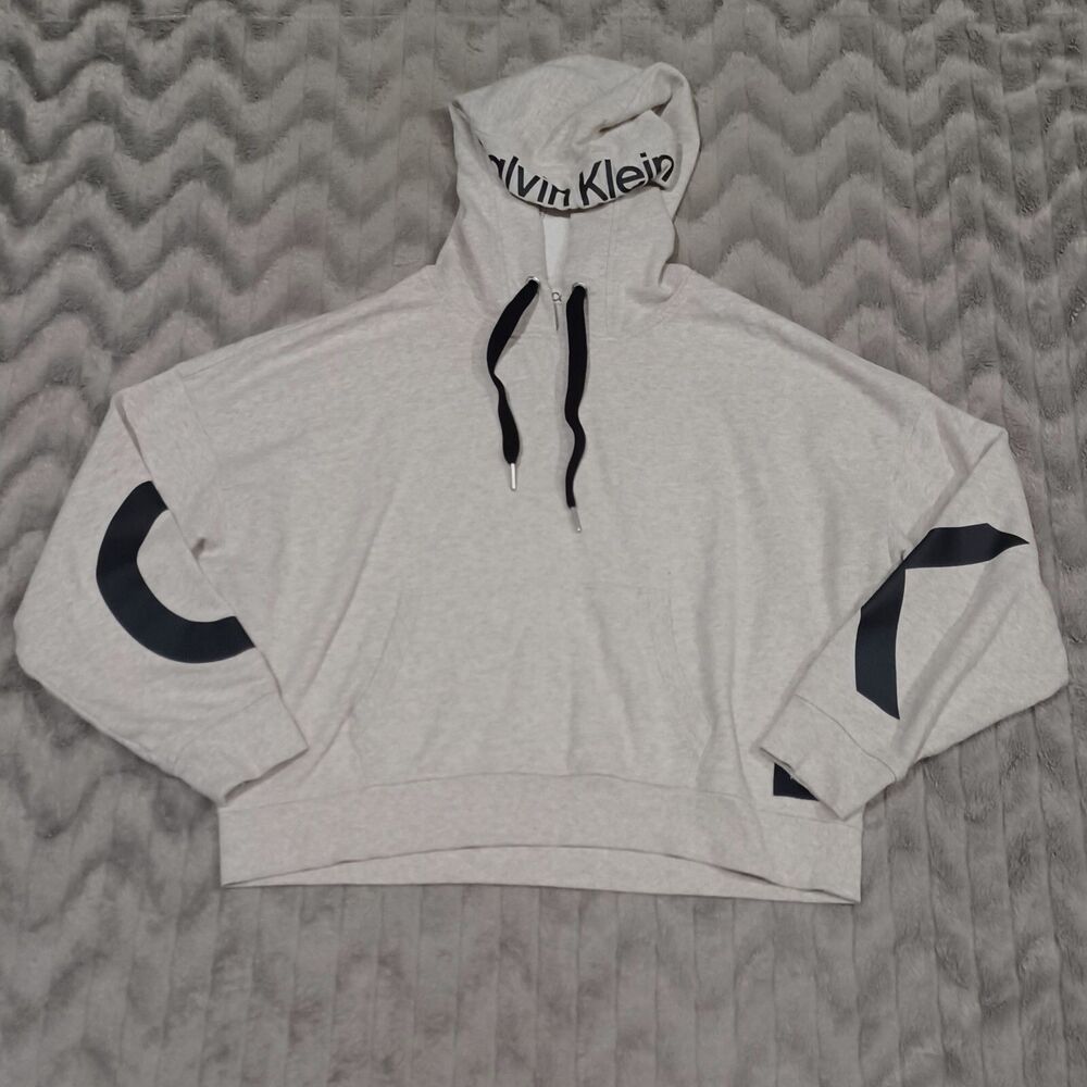 Calvin Klein Womens Size M Creme Heather Cropped Sweatshirt Hoodie